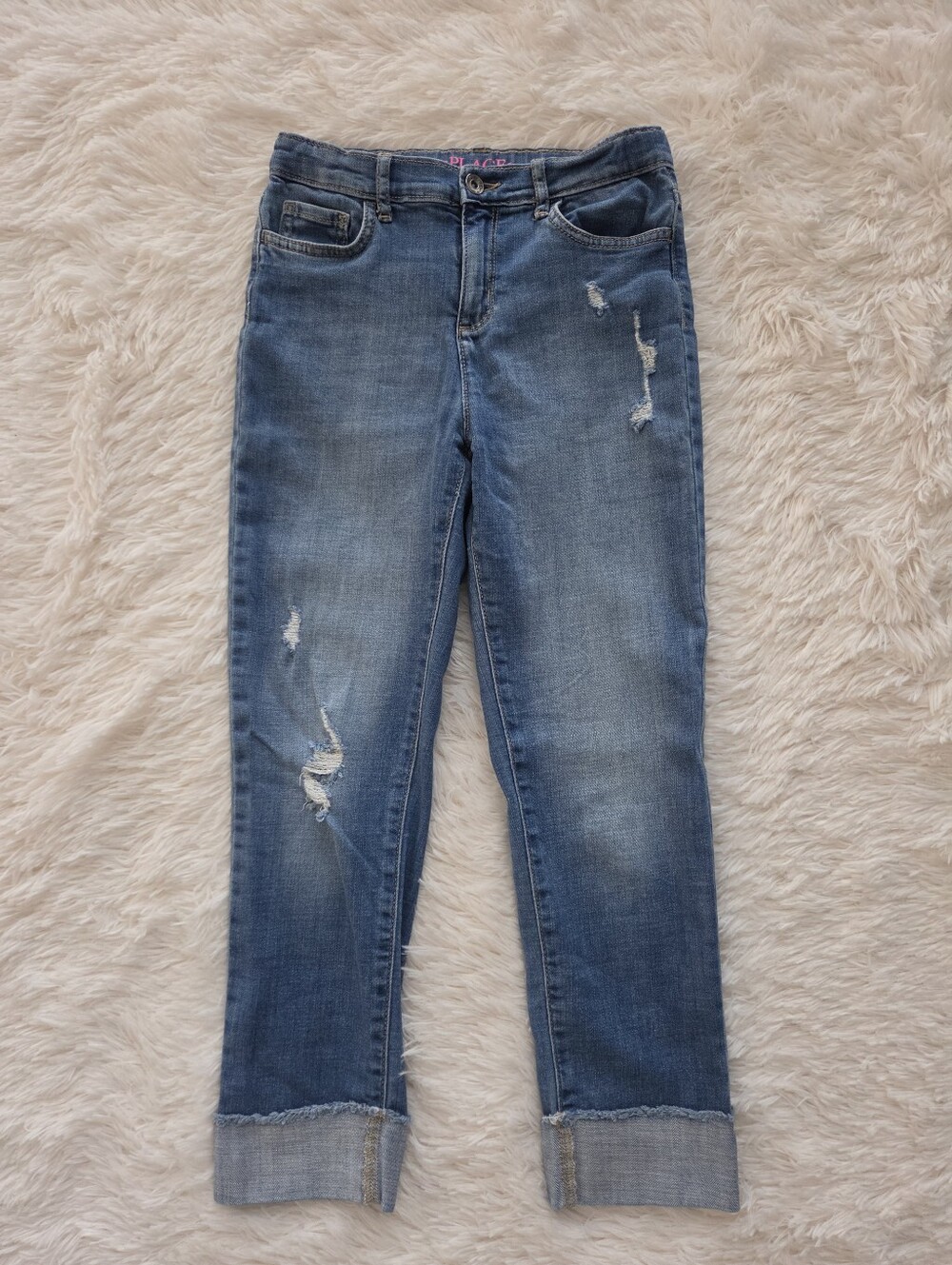 The Children's Place Straight Leg Cuffed Crop Jeans Distressing Girls Size 12